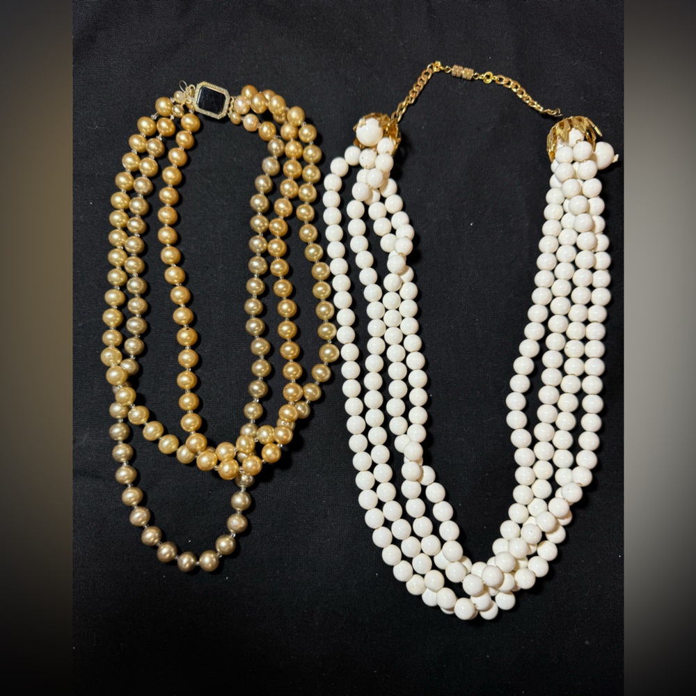White and Golden multistrand beaded necklaces, set of 2